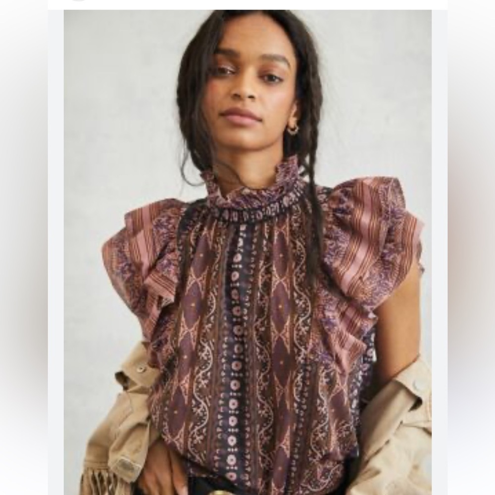 Anthropologie Purple and Brown Patterned Blouse